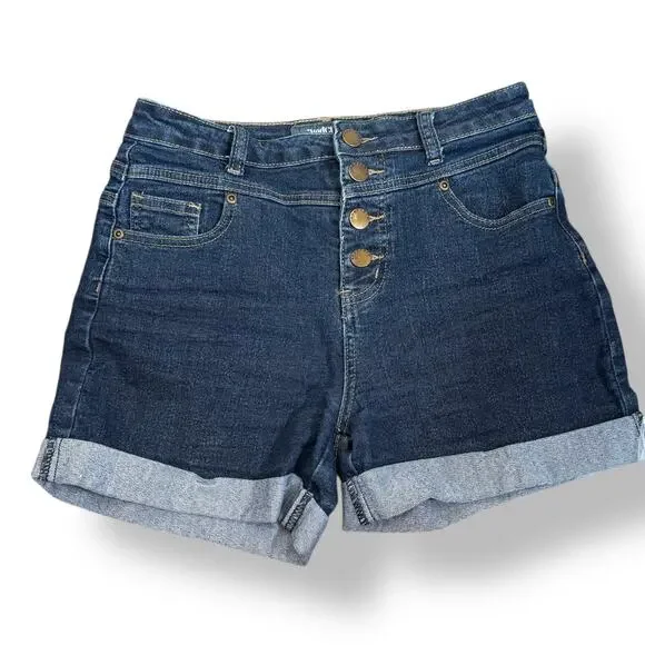 ModCloth Dark Wash High Waist Cuffed Jean Shorts Button Fly Denim Retro Pinup - Picture 2 of 9
